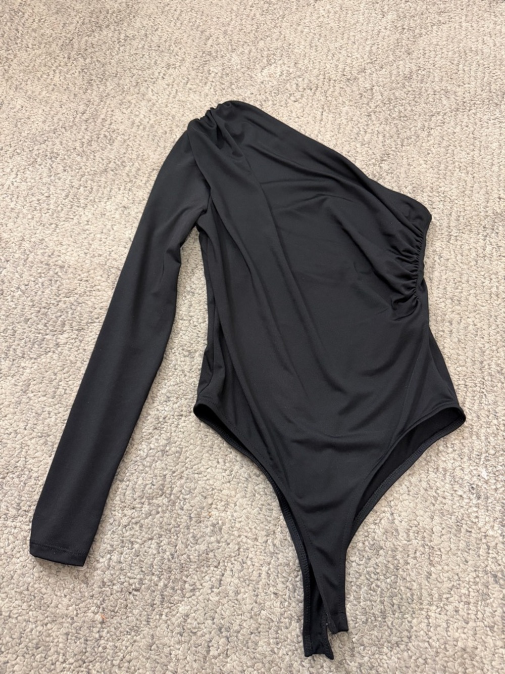 Zara One Shoulder Bodysuit Black Long Sleeve Ruched Top Size S